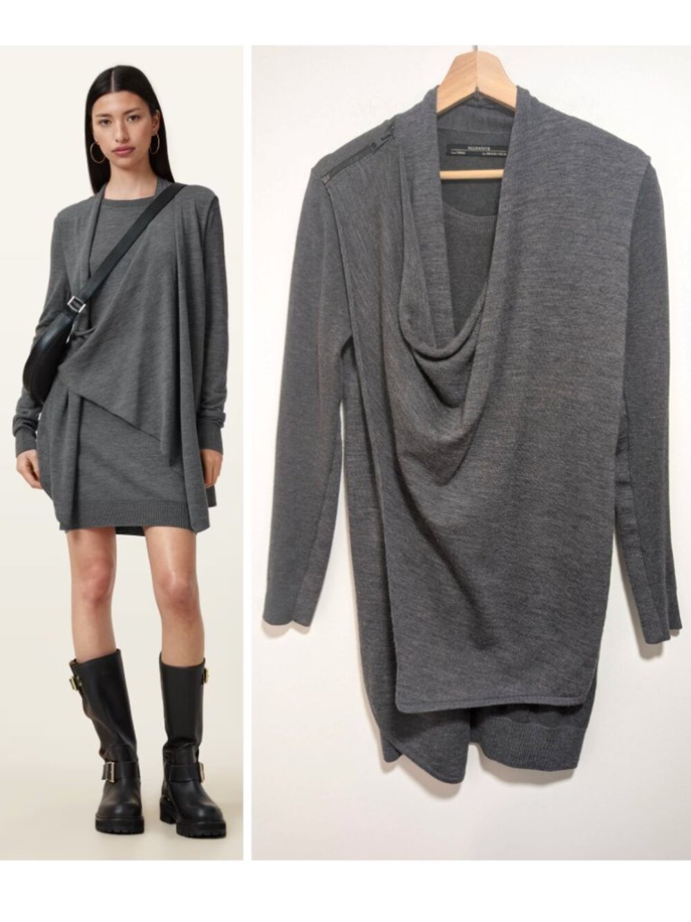 ALLSAINTS | Drina Draped 100% Merino Wool Sweater Dress In Grey Marl